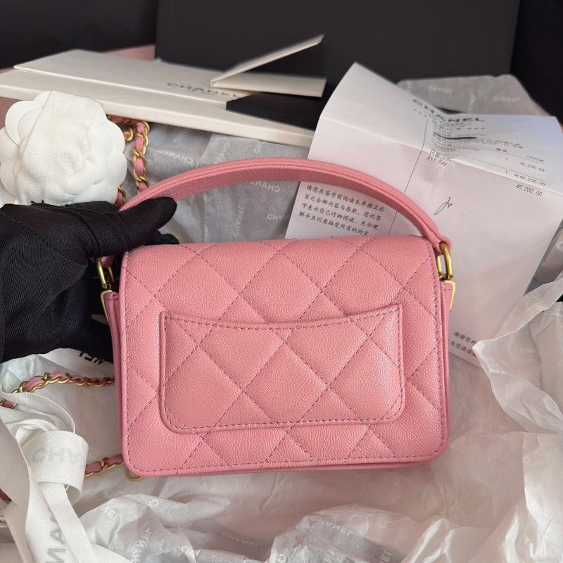 全新品 香奈兒/Chanel 手柄櫻花粉金扣荔枝皮 方胖口蓋包-1