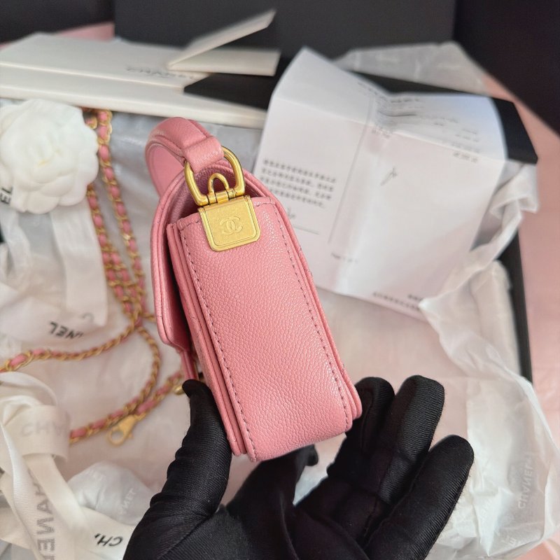 全新品 香奈兒/Chanel 手柄櫻花粉金扣荔枝皮 方胖口蓋包-2