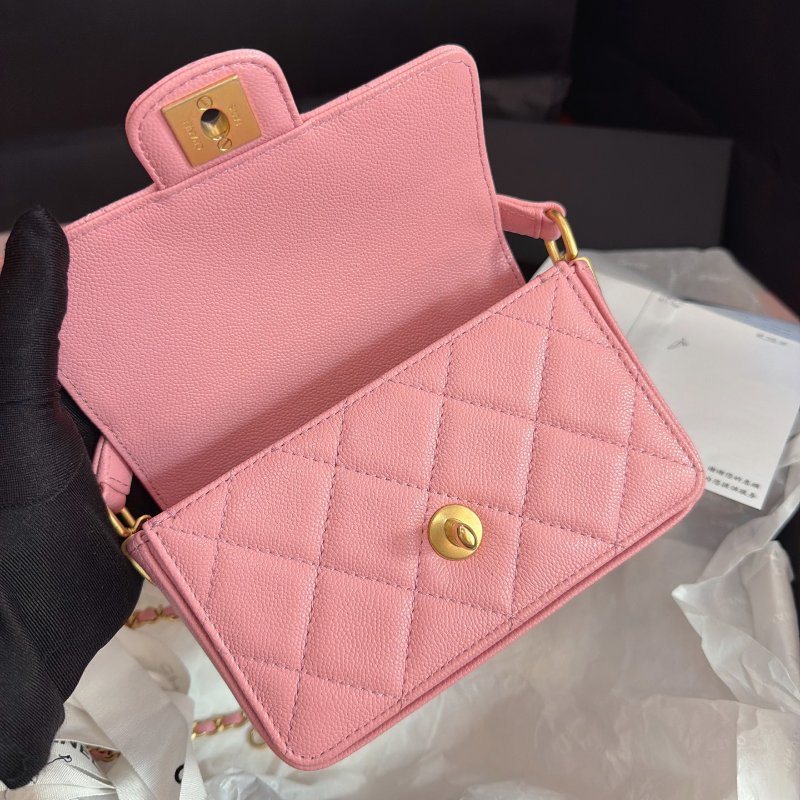 全新品 香奈兒/Chanel 手柄櫻花粉金扣荔枝皮 方胖口蓋包-4