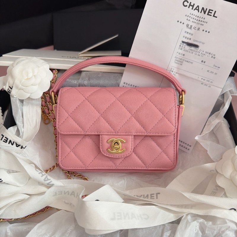 全新品 香奈兒/Chanel 手柄櫻花粉金扣荔枝皮 方胖口蓋包-5