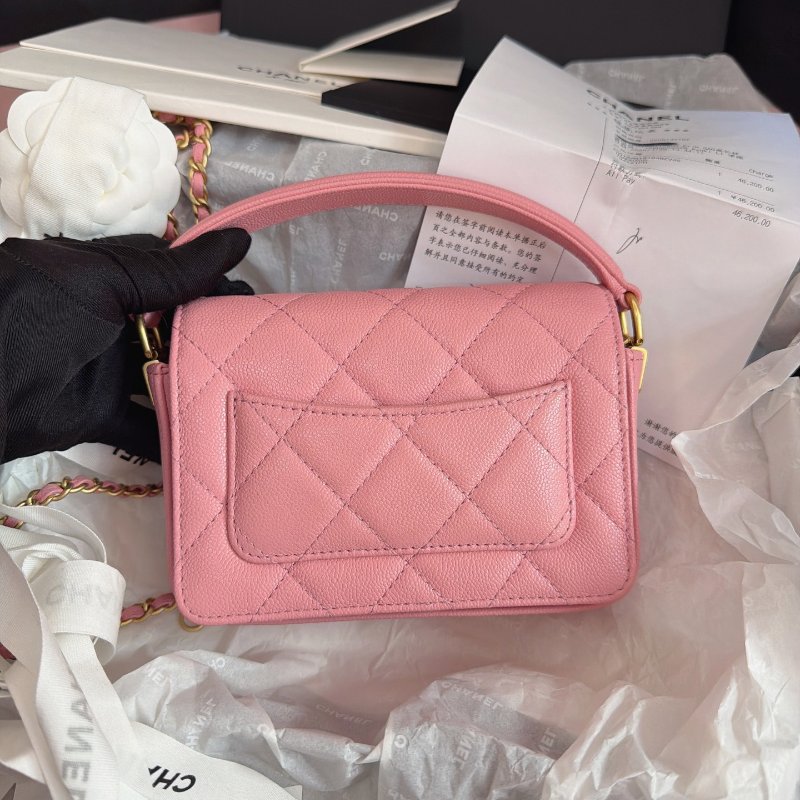全新品 香奈兒/Chanel 手柄櫻花粉金扣荔枝皮 方胖口蓋包-6