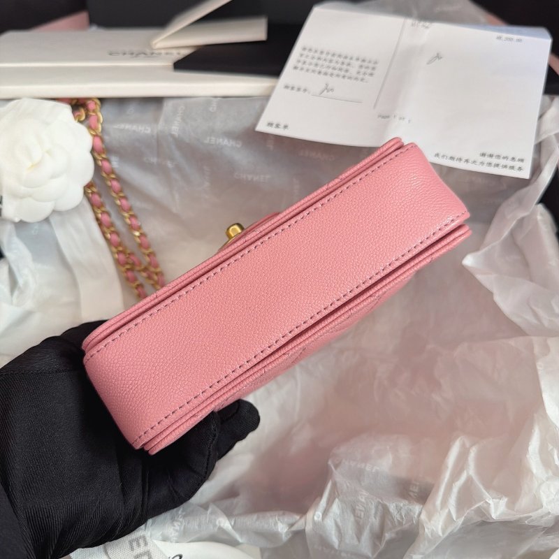 全新品 香奈兒/Chanel 手柄櫻花粉金扣荔枝皮 方胖口蓋包-7