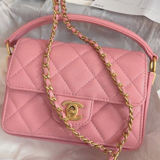 全新品 香奈兒/Chanel 手柄櫻花粉金扣荔枝皮 方胖口蓋包-8