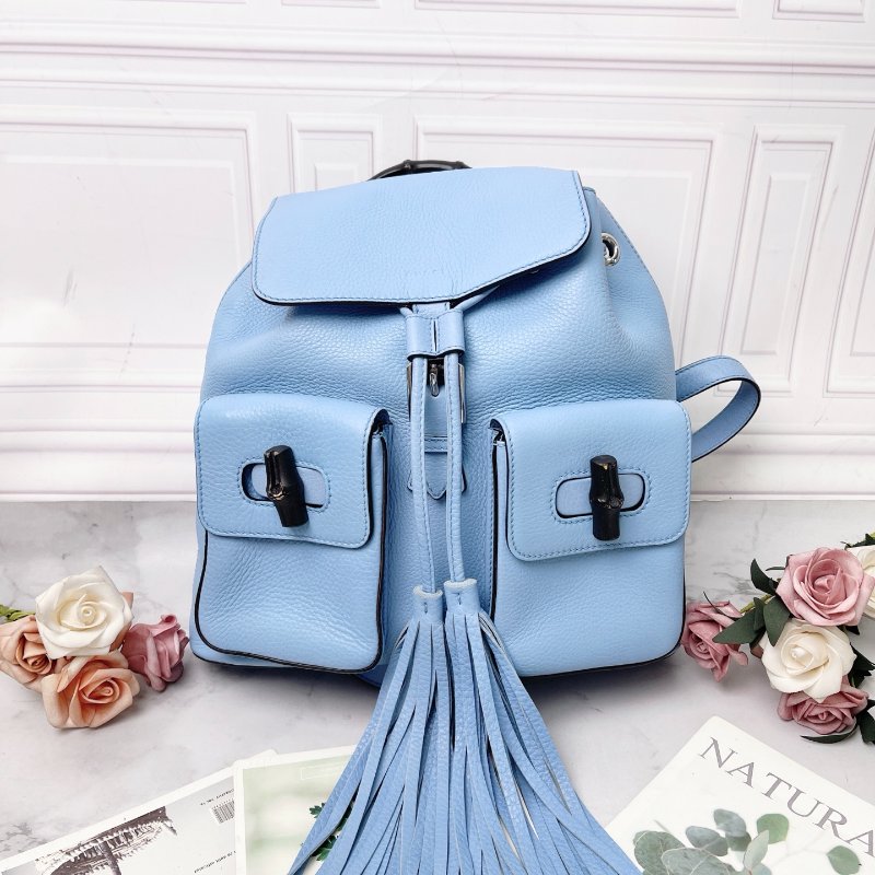Gucci  bamboo sac 竹節流蘇天藍色 後背包 31*30*10 98新配件塵袋-0