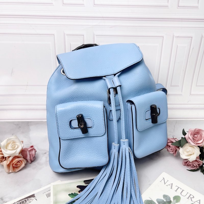 Gucci  bamboo sac 竹節流蘇天藍色 後背包 31*30*10 98新配件塵袋-4