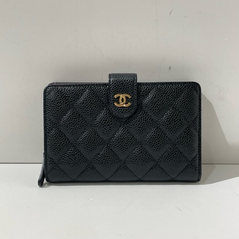 CHANEL香奈兒黑金荔枝皮菱格紋對折拉鍊錢包 21開 🈚附件