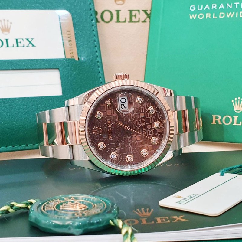 【大眾名錶】 Rolex 勞力士 126231 Datejust 蠔式DJ36 2019/08全配 巧克力紀念十鑽面盤 玫瑰半金 底蓋貼紙 B1308-4