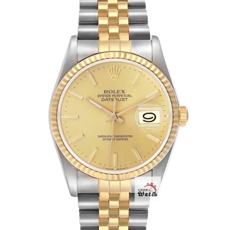 【大眾名錶】Rolex 勞力士 16233 Datejust 蠔式日誌 經典款 金色T柱面盤 太陽圈 錶徑36mm 自動上鍊 18K金及不鏽鋼 B1310-0