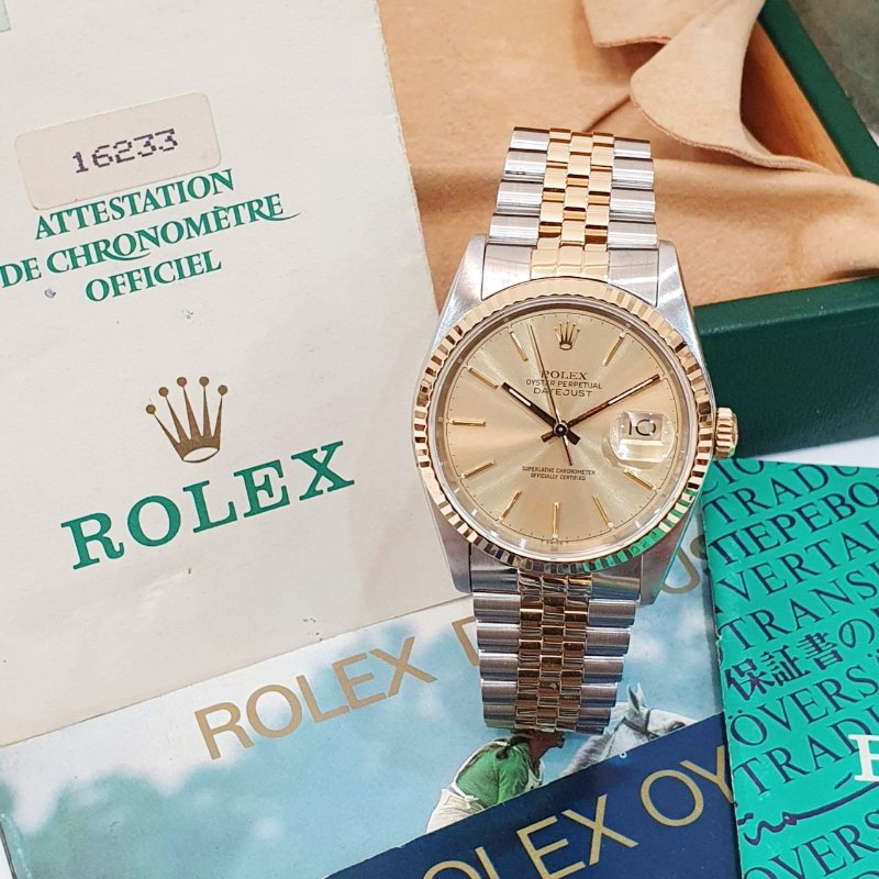 【大眾名錶】Rolex 勞力士 16233 Datejust 蠔式日誌 經典款 金色T柱面盤 太陽圈 錶徑36mm 自動上鍊 18K金及不鏽鋼 B1310-1