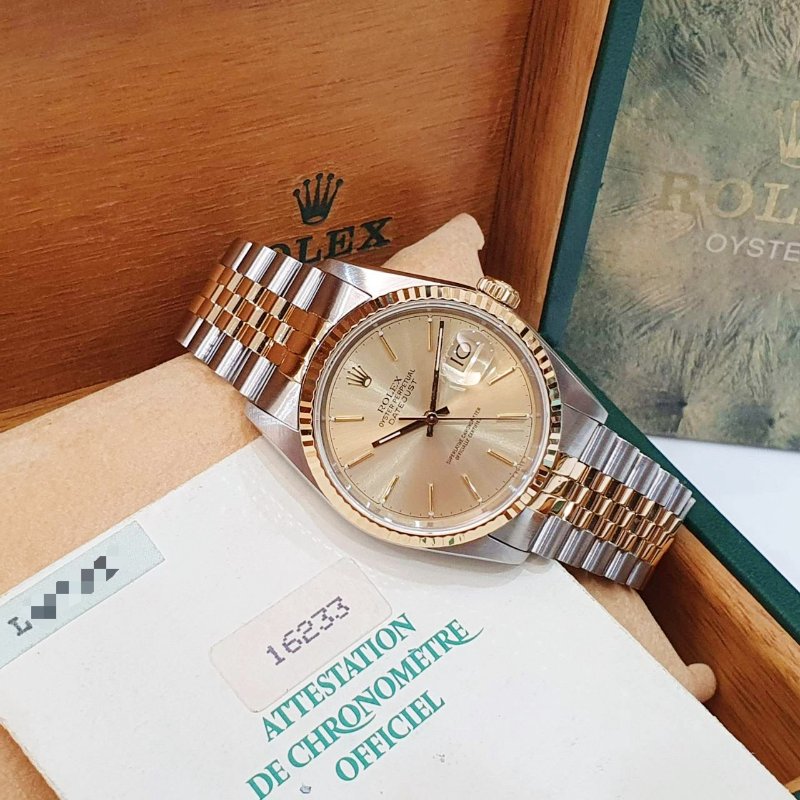 【大眾名錶】Rolex 勞力士 16233 Datejust 蠔式日誌 經典款 金色T柱面盤 太陽圈 錶徑36mm 自動上鍊 18K金及不鏽鋼 B1310-2