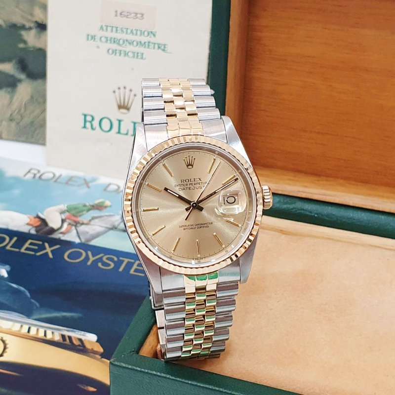 【大眾名錶】Rolex 勞力士 16233 Datejust 蠔式日誌 經典款 金色T柱面盤 太陽圈 錶徑36mm 自動上鍊 18K金及不鏽鋼 B1310-3