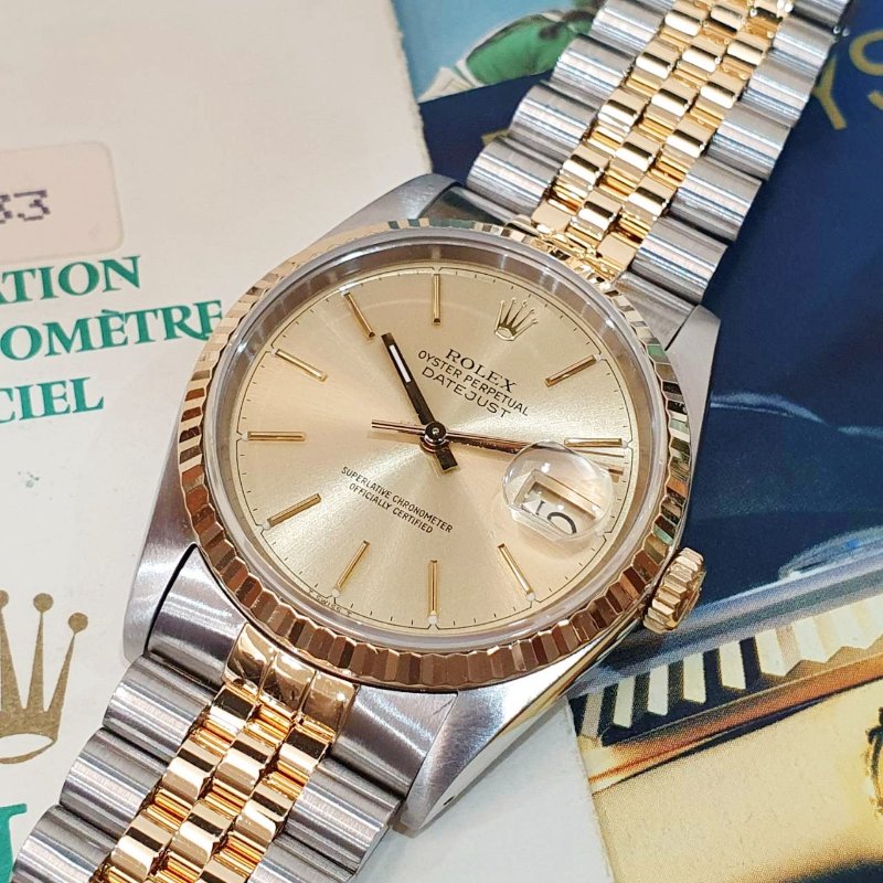 【大眾名錶】Rolex 勞力士 16233 Datejust 蠔式日誌 經典款 金色T柱面盤 太陽圈 錶徑36mm 自動上鍊 18K金及不鏽鋼 B1310-5