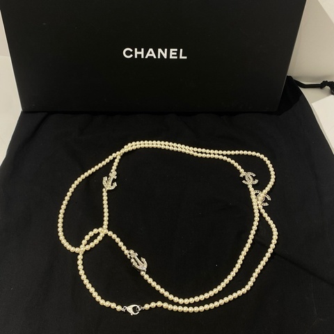 Chanel香奈兒 帶鑽珍珠毛衣鏈 雙C標誌項鍊 珍珠合金鋯石