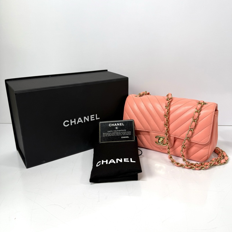 CHANEL 香奈兒 珊瑚粉羊皮鍊條斜背包 LAMBSKIN CHEVRON-2