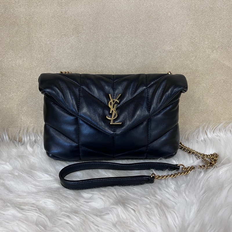 YSL 黑羊皮金釦Puffer Mini信封下蓋肩斜背包-0