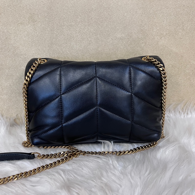 YSL 黑羊皮金釦Puffer Mini信封下蓋肩斜背包-1