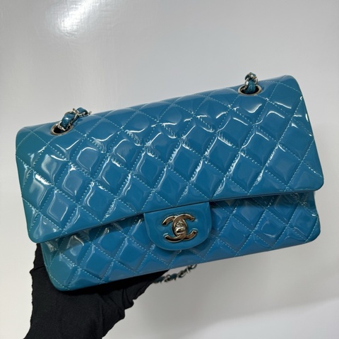CHANEL 香奈兒 藍色漆皮中型雙蓋包 CLASSIC FLAP DOUBLE FLAP 25CM