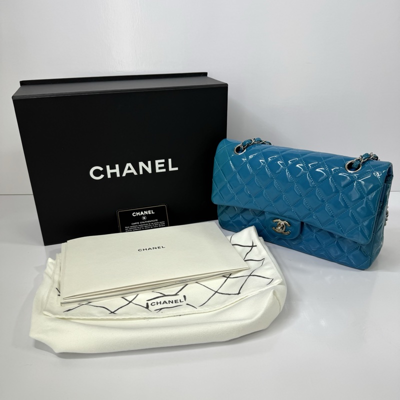 CHANEL 香奈兒 藍色漆皮中型雙蓋包 CLASSIC FLAP DOUBLE FLAP 25CM-2