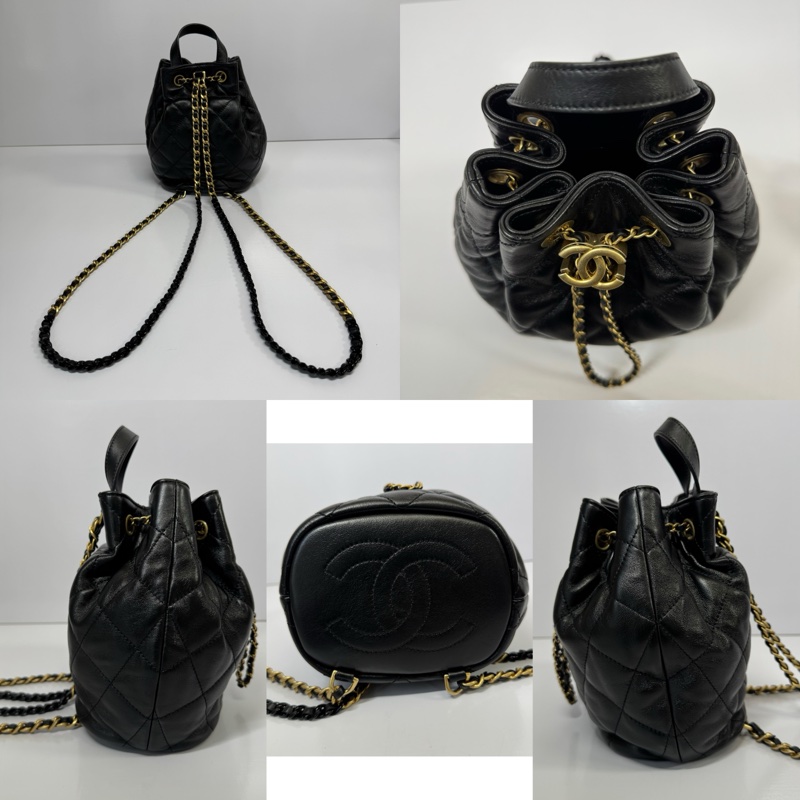 CHANEL 香奈兒 黑色菱格紋羊皮MINI後背包 DRAWSTRING RFID MICROCHIPPED-3