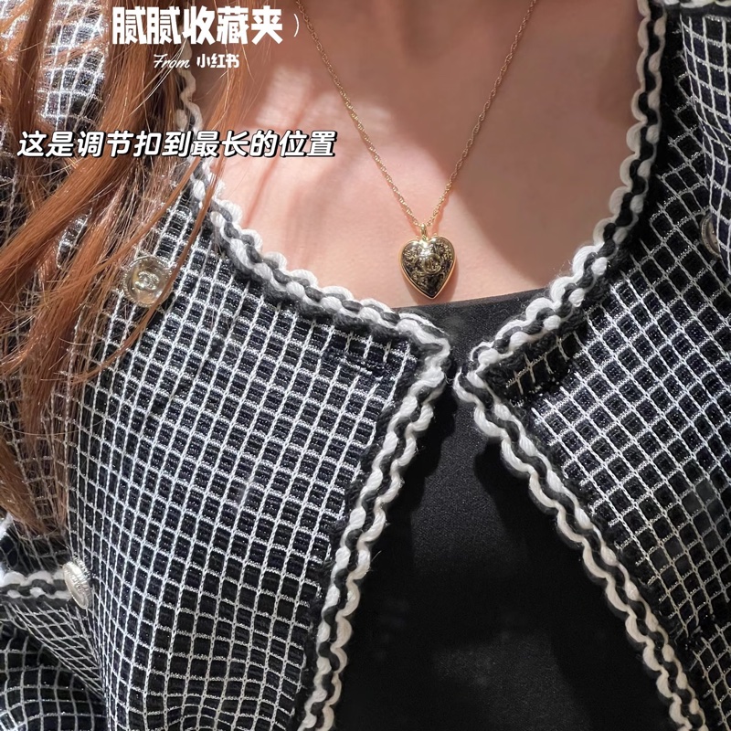 CHANEL 黑色蕾絲復古愛心項鍊-14