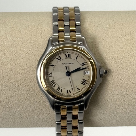 CARTIER 卡地亞 Panthère Cougar 圓形美洲豹系列經典羅馬時標 18K Figaro 鏈帶腕錶（中性尺寸）半金