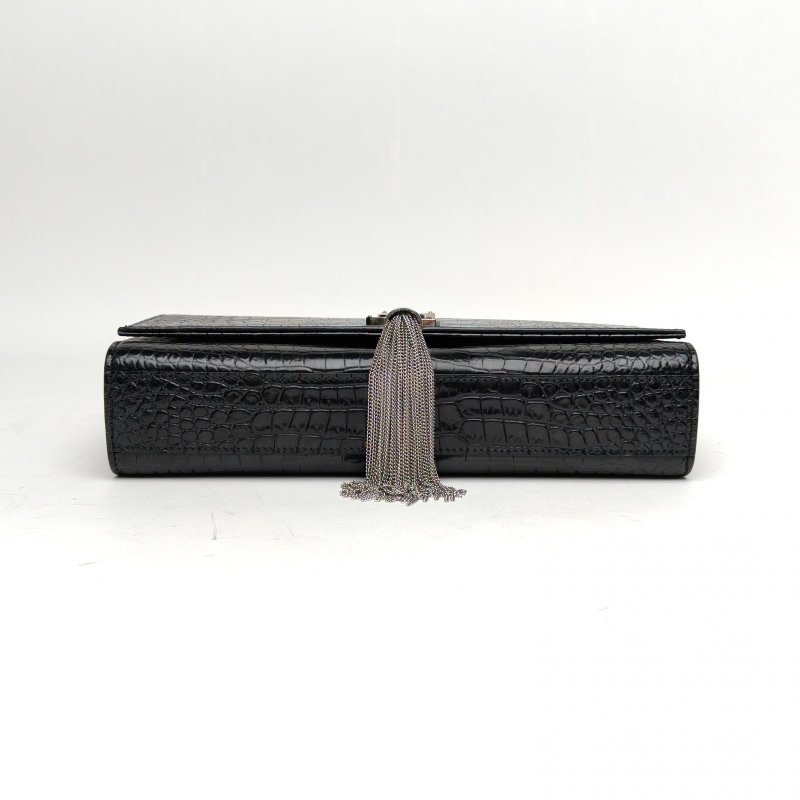 SAINT LAURENT KATE中號24鱷魚壓紋流蘇黑色牛皮銀扣肩背包-4