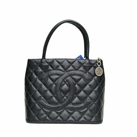 CHANEL 中古黑銀牛希爾頓銀幣包荔枝牛皮9開銀扣肩背包