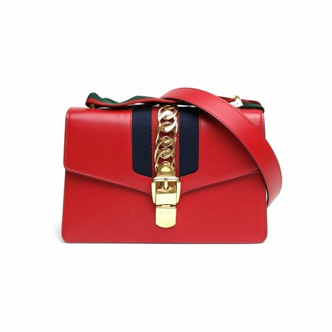 GUCCI Sylvie塞爾維亞絲帶包小號紅色牛皮金扣肩背包