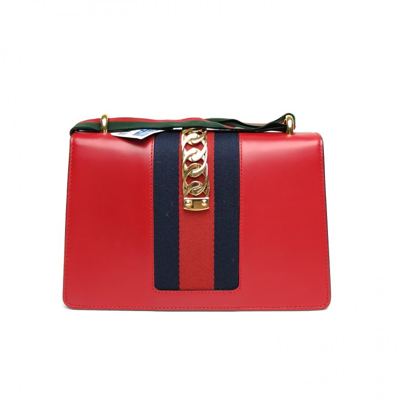 GUCCI Sylvie塞爾維亞絲帶包小號紅色牛皮金扣肩背包-2