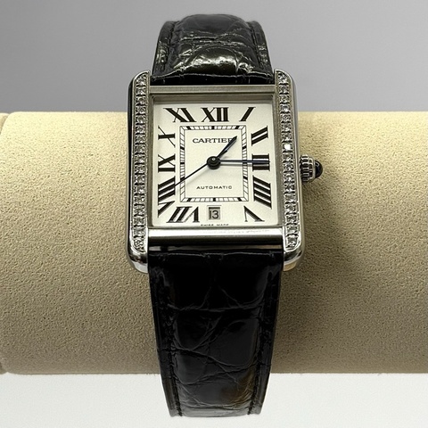 CARTIER 卡地亞  Tank Solo XL 黑色鱷魚皮帶自動上鍊機械腕錶 鑲鑽錶殼 TANK SOLO XL WATCH W5200027