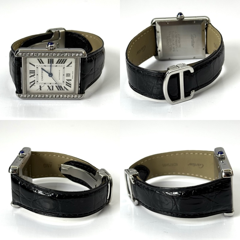 CARTIER 卡地亞  Tank Solo XL 黑色鱷魚皮帶自動上鍊機械腕錶 鑲鑽錶殼 TANK SOLO XL WATCH W5200027-1