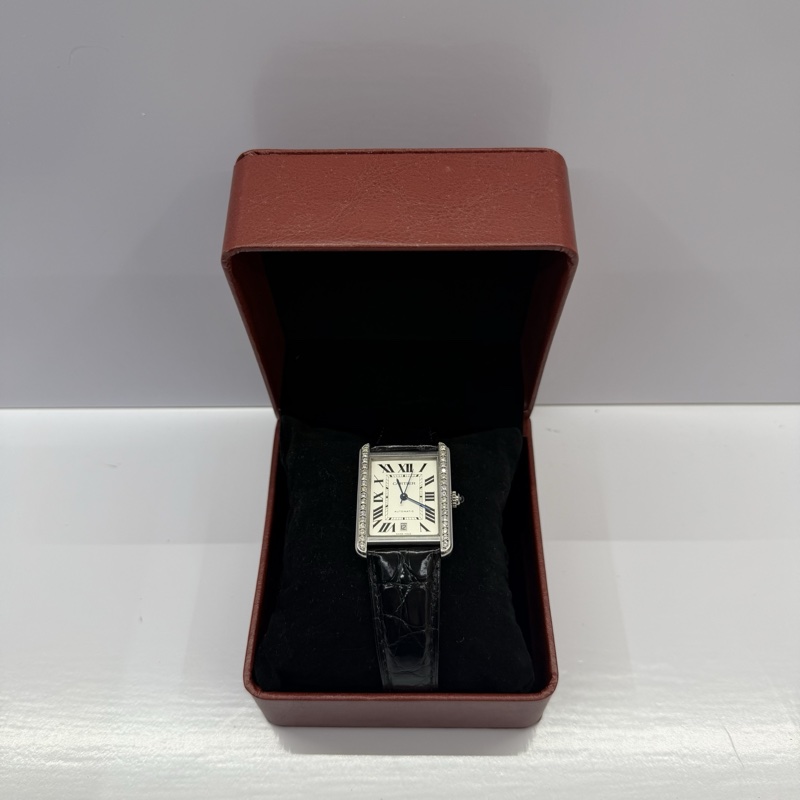 CARTIER 卡地亞  Tank Solo XL 黑色鱷魚皮帶自動上鍊機械腕錶 鑲鑽錶殼 TANK SOLO XL WATCH W5200027-2