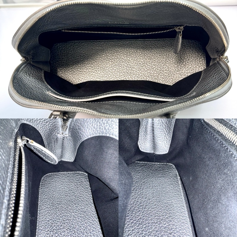 BALENCIAGA 巴黎世家 Ville 系列銀灰色顆粒小牛皮立體 B Logo 兩用保齡球包 PROJECTOR 672626-5
