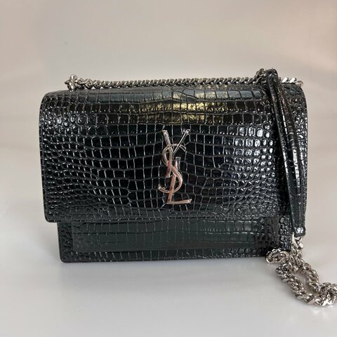 YSL 442906 黑銀鱷魚壓紋SUNSET 包 中號