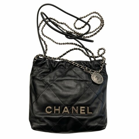 CHANEL 香奈兒 22 MINI 流浪側背包 亮面小牛皮 黑色 銀釦