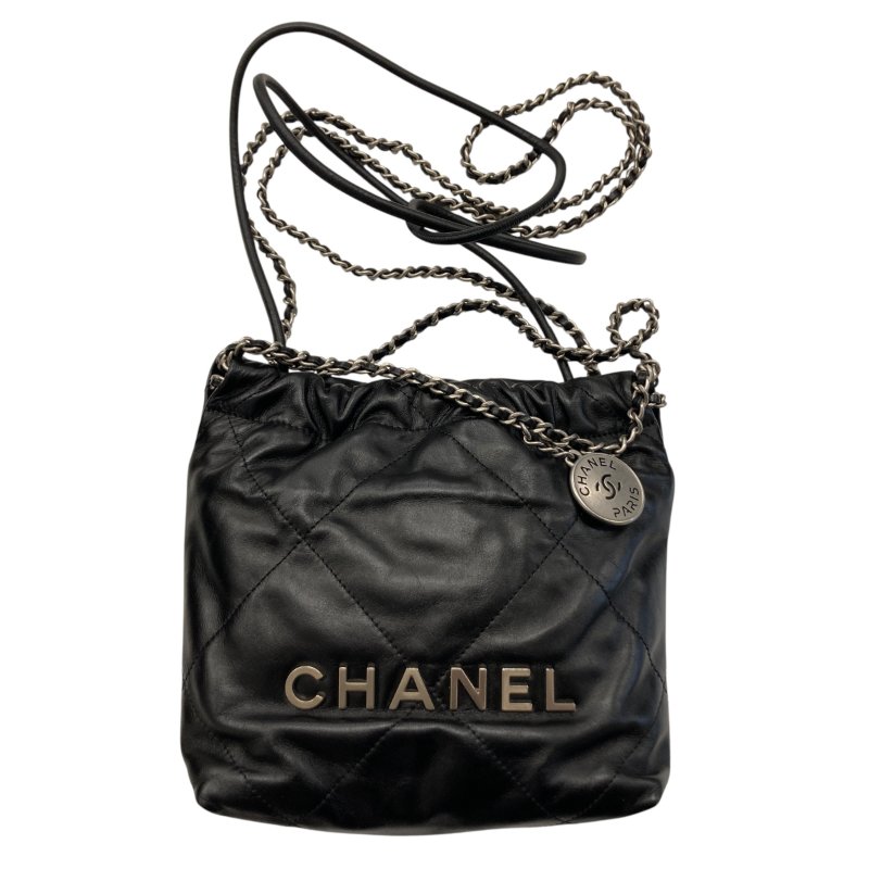 CHANEL 香奈兒 22 MINI 流浪側背包 亮面小牛皮 黑色 銀釦-0