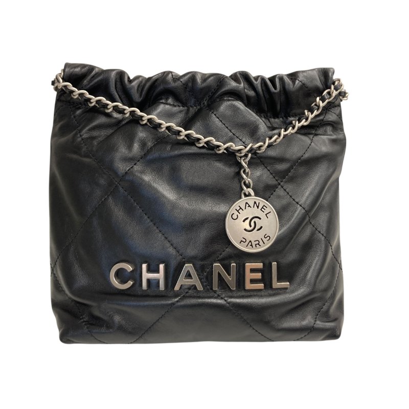 CHANEL 香奈兒 22 MINI 流浪側背包 亮面小牛皮 黑色 銀釦-1