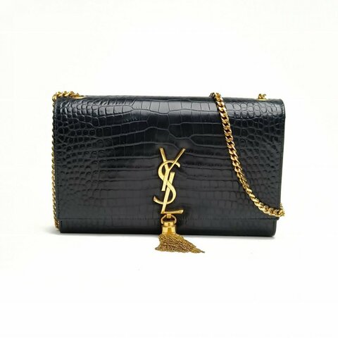 SAINT LAURENT KATE中號24鱷魚壓紋流蘇黑色牛皮金扣肩背包
