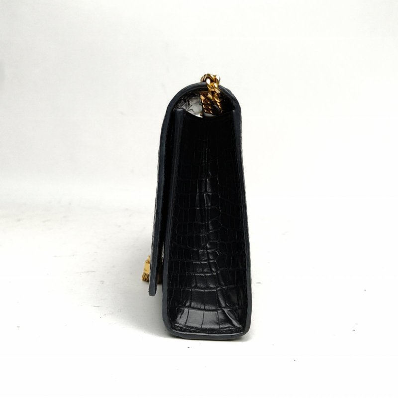 SAINT LAURENT KATE中號24鱷魚壓紋流蘇黑色牛皮金扣肩背包-1