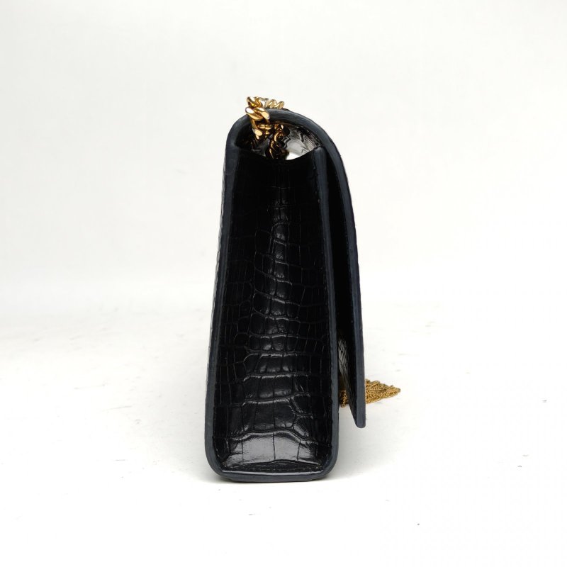 SAINT LAURENT KATE中號24鱷魚壓紋流蘇黑色牛皮金扣肩背包-3