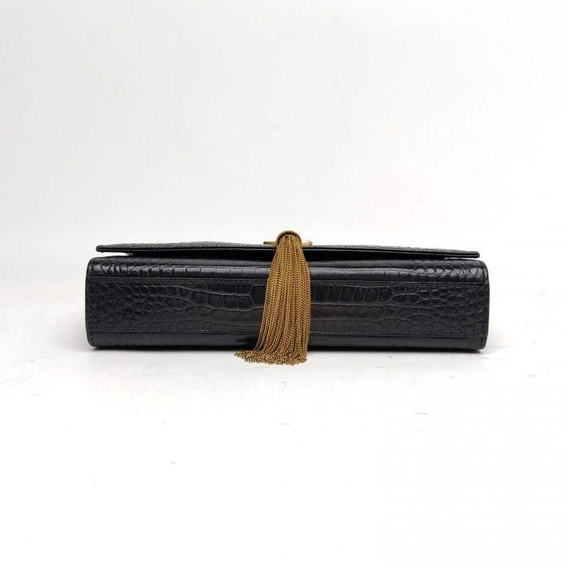 SAINT LAURENT KATE中號24鱷魚壓紋流蘇黑色牛皮金扣肩背包-4