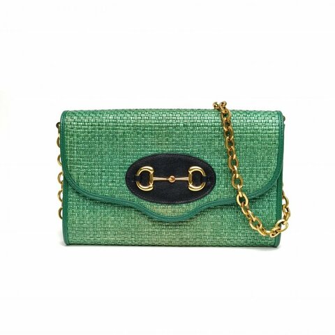 GUCCI 綠色草編金扣馬銜扣鏈條包肩背包