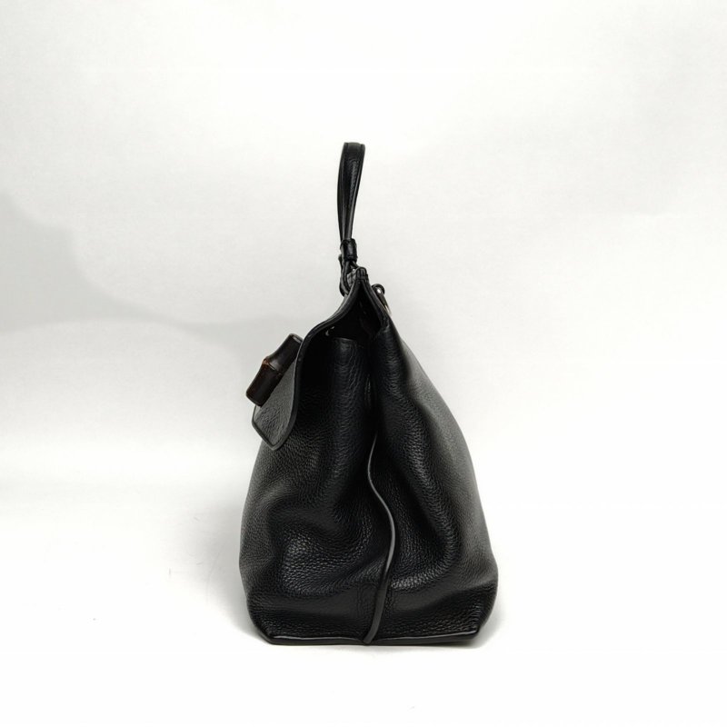 GUCCI BambooDaily竹節扣手提大號黑色牛皮銀扣肩背包-1