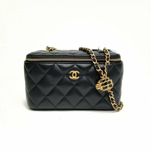 CHANEL 22S長盒子化妝包黑色羊皮核桃金球肩帶肩背包
