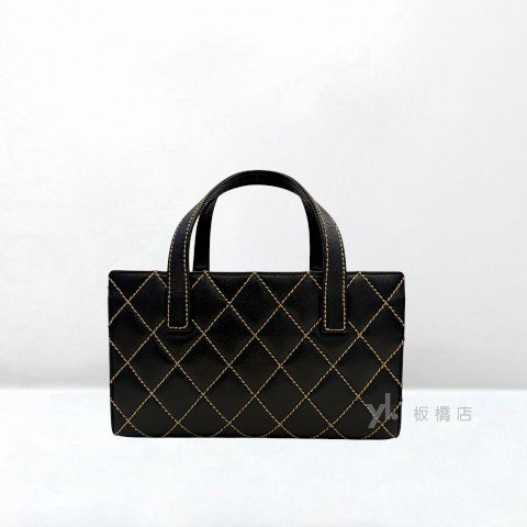 Y2040-CHANEL黑牛皮粗縫線金釦手提包A25647-2