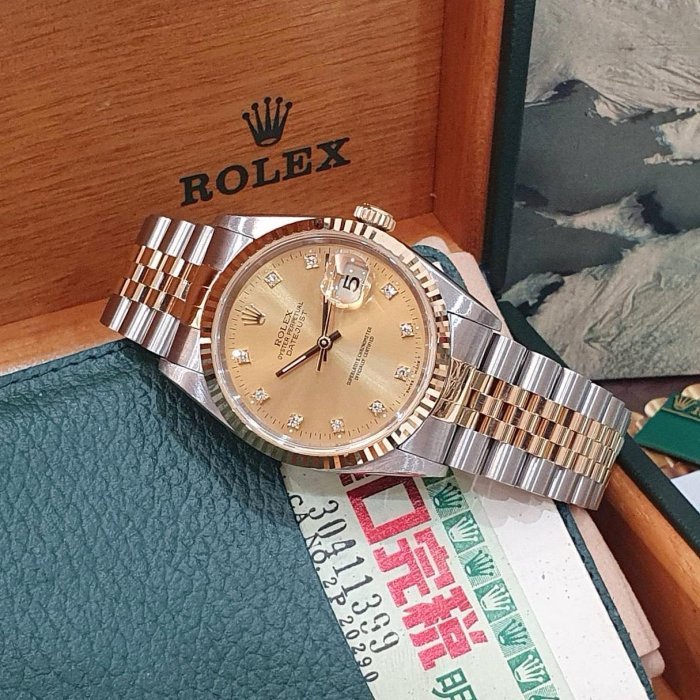 【大眾名錶】ROLEX勞力士 16233 Datejsut 半金蠔式 台灣公司貨 全配件 金色十鑽面盤 錶徑36mm 自動上鍊 B1298-2