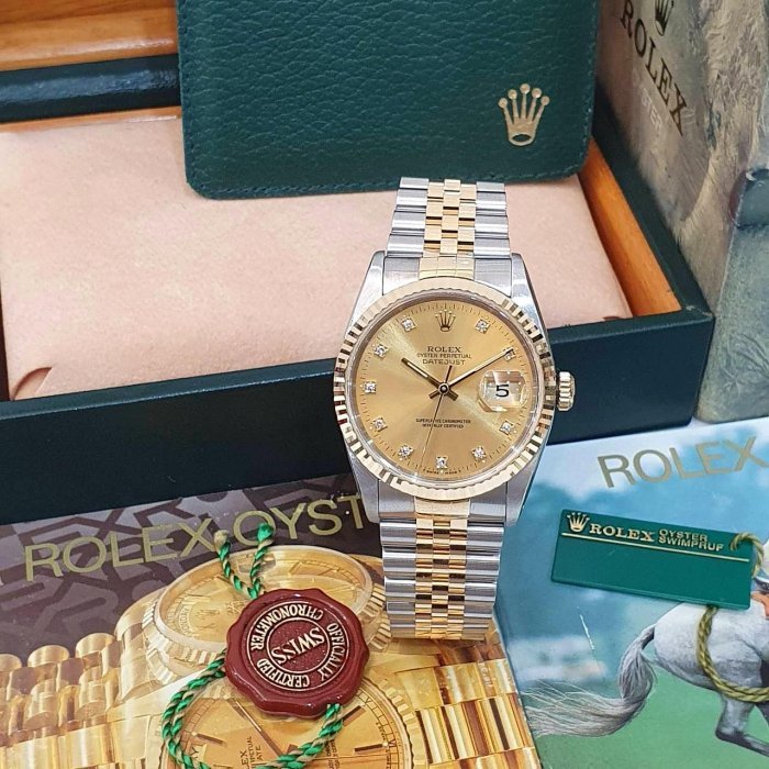 【大眾名錶】ROLEX勞力士 16233 Datejsut 半金蠔式 台灣公司貨 全配件 金色十鑽面盤 錶徑36mm 自動上鍊 B1298-3