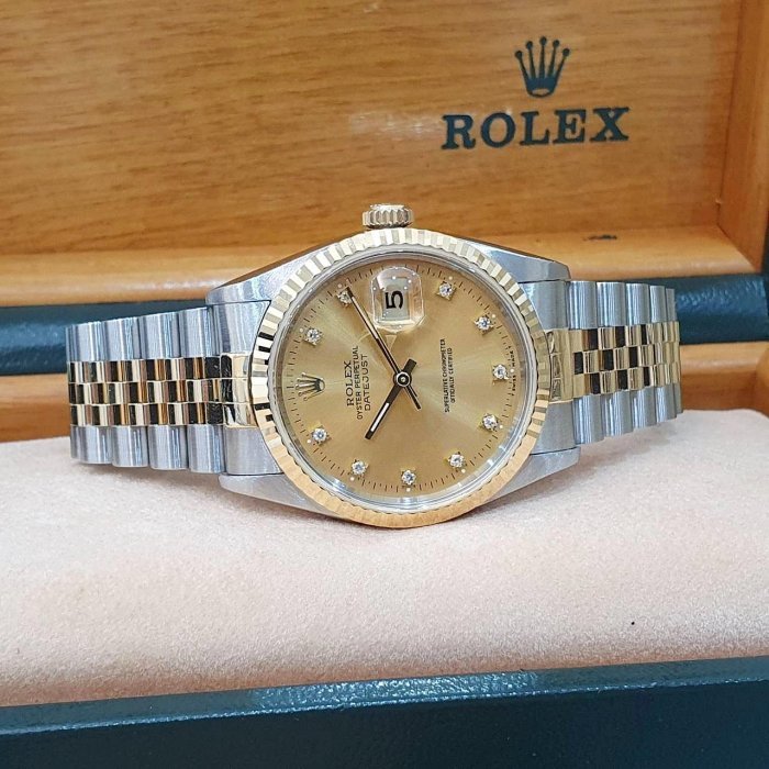【大眾名錶】ROLEX勞力士 16233 Datejsut 半金蠔式 台灣公司貨 全配件 金色十鑽面盤 錶徑36mm 自動上鍊 B1298-4