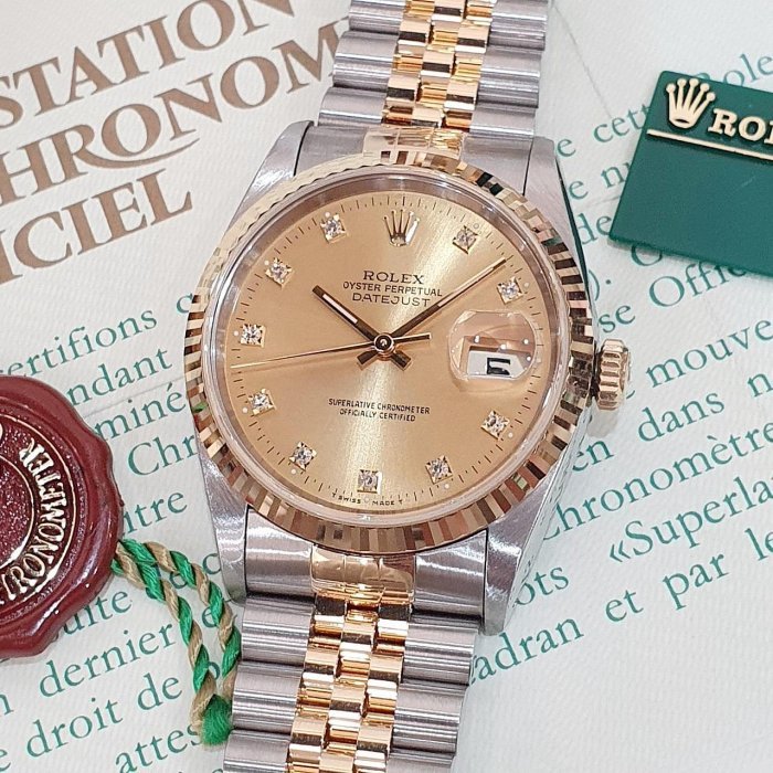 【大眾名錶】ROLEX勞力士 16233 Datejsut 半金蠔式 台灣公司貨 全配件 金色十鑽面盤 錶徑36mm 自動上鍊 B1298-5
