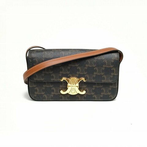 CELINE Triomphe凱旋門金屬鎖扣肩背包老花PVC金扣肩背包